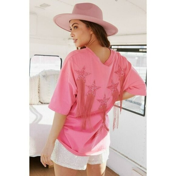 Fantastic Fawn Tops - This Ain't Texas Fringed Star Sequin Patch Tee in Pink